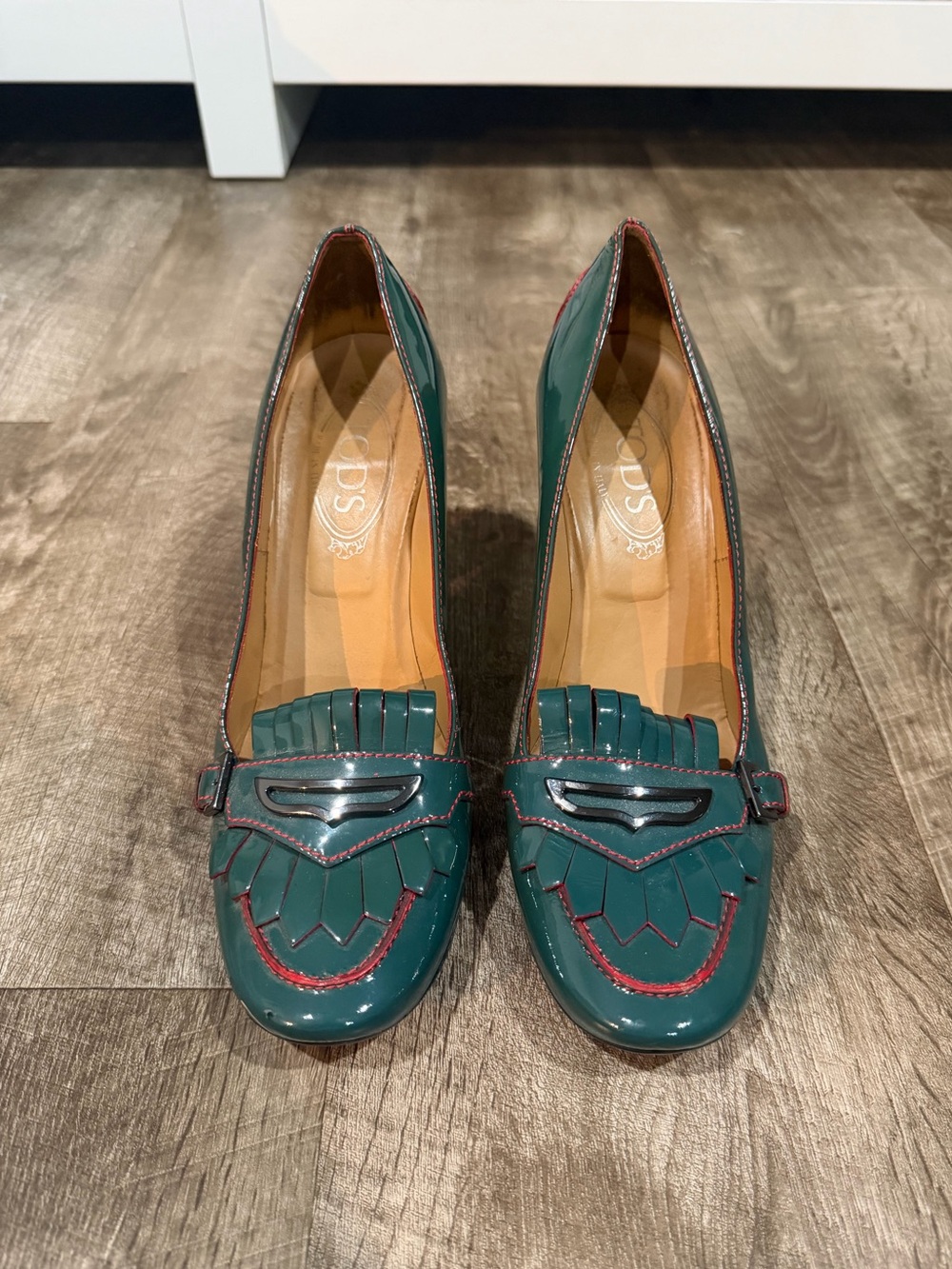 Tod’s Patent Fringe Leather Pump Noah Moc Heel Loafer Size 10 Teal Green